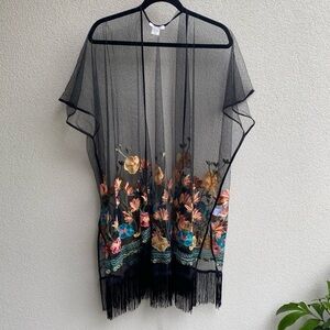 Haute Hippie Black Mesh sheer Floral Embroidered Fringe Boho Festival Poncho